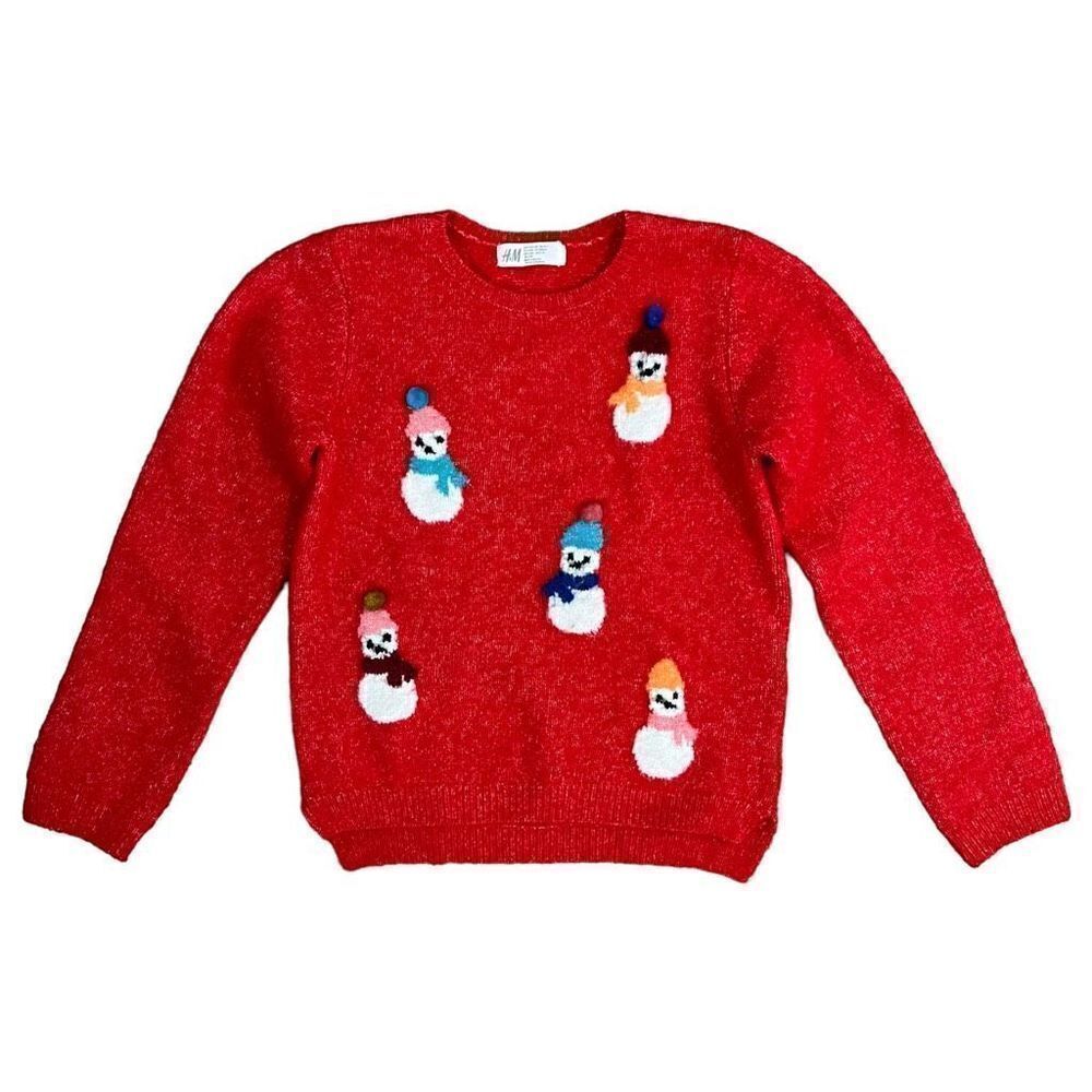 H&M Girls Jacquard Knit Snowmen Pullover Sweater Red Size 6-7